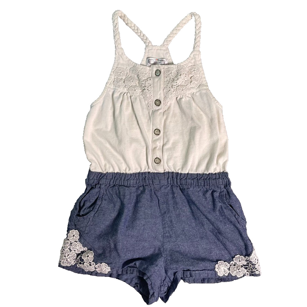 Aphorism Romper Girls 6X Blue White Lace Chambray Boho Cottagecore Summer